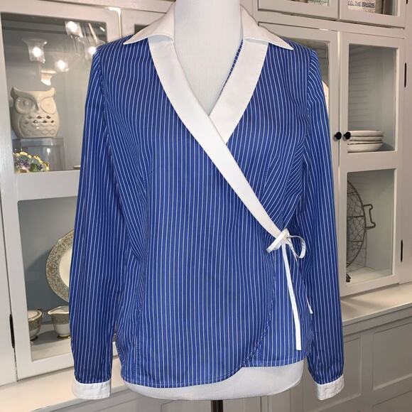 Jones New York Wrap Pinstriped Collared Dress Top Sz Medium - Picture 1 of 5